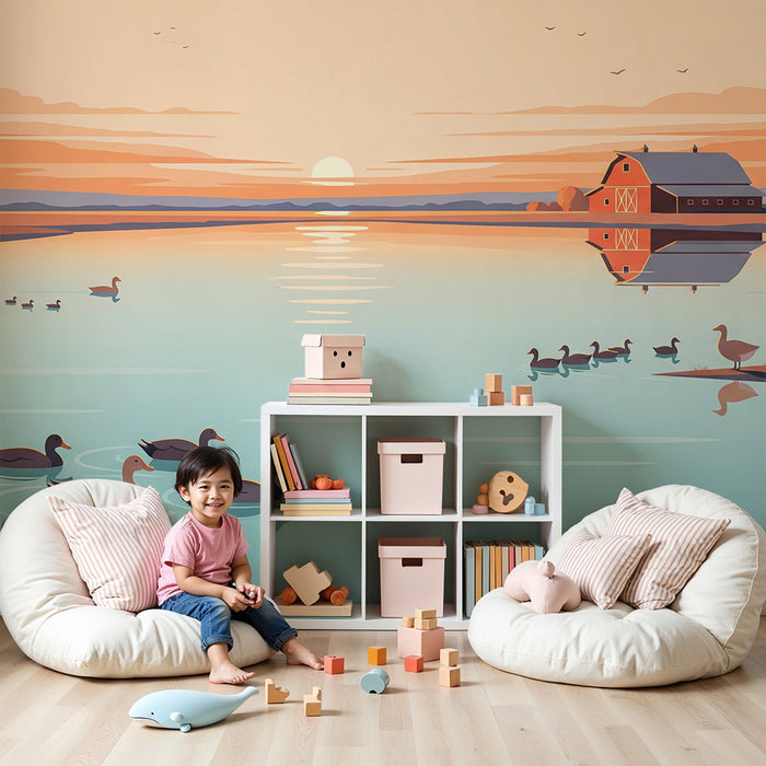 Papel de parede para quarto infantil | Patos tranquilos à beira da água ao pôr do sol