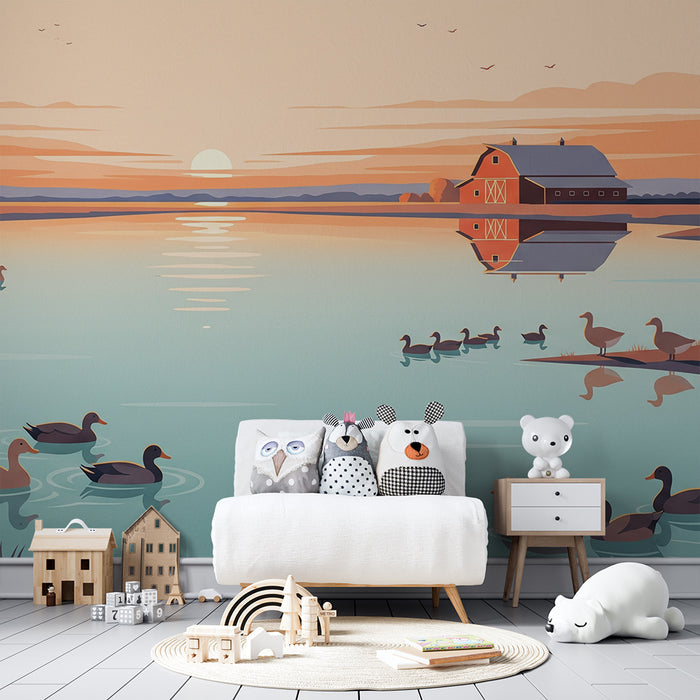 Papel de parede para quarto infantil | Patos tranquilos à beira da água ao pôr do sol
