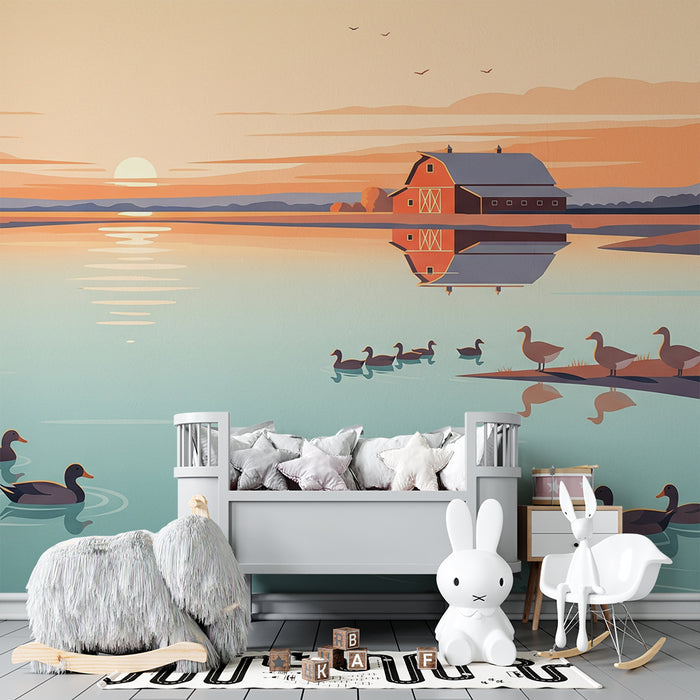 Papel de parede para quarto infantil | Patos tranquilos à beira da água ao pôr do sol