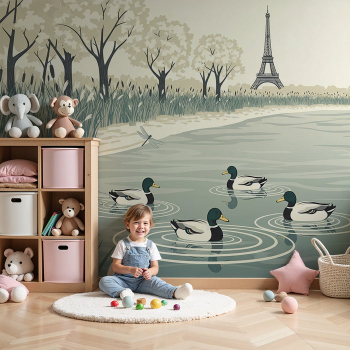 Papel pintado infantil | Patos tranquilos junto al agua con la Torre Eiffel al fondo
