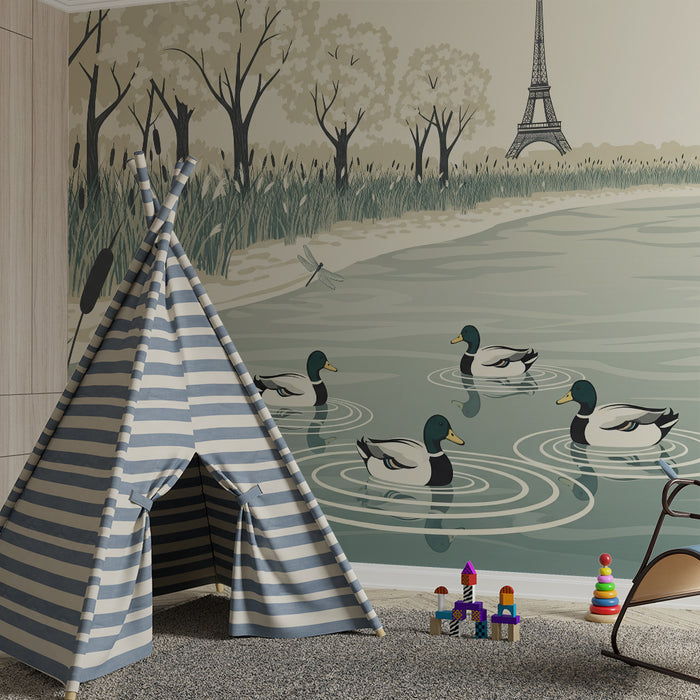 Papel pintado infantil | Patos tranquilos junto al agua con la Torre Eiffel al fondo