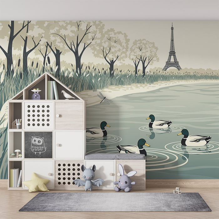 Papel pintado infantil | Patos tranquilos junto al agua con la Torre Eiffel al fondo