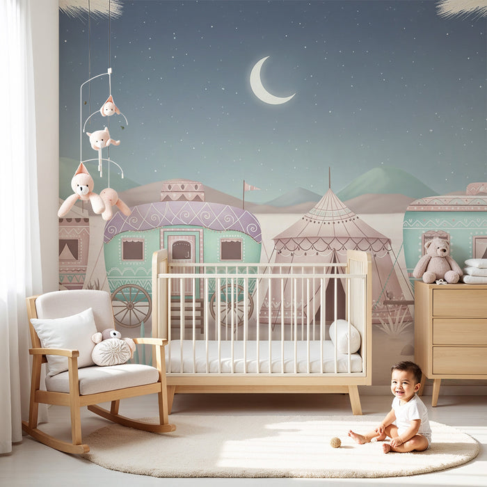 Kinderzimmer Tapete | Bunter Wohnwagen unter einem Sternenhimmel