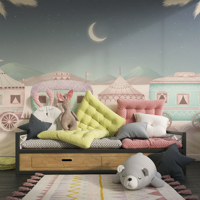 Kinderzimmer Tapete | Bunter Wohnwagen unter einem Sternenhimmel