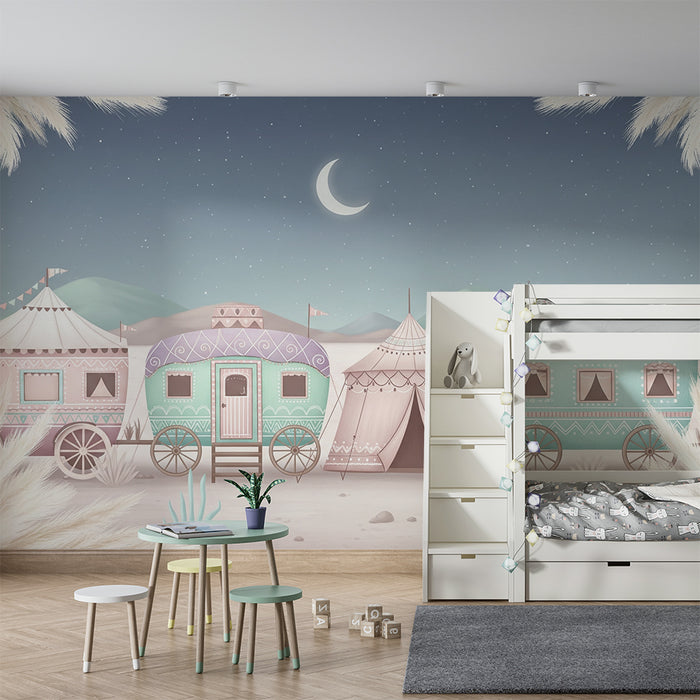Kinderzimmer Tapete | Bunter Wohnwagen unter einem Sternenhimmel