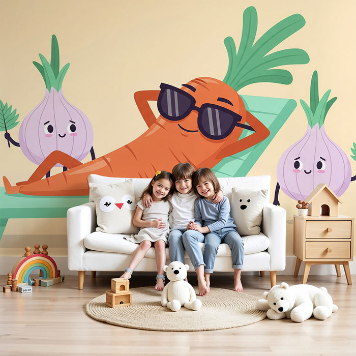 Kinderzimmer-Tapete | Coole Karotte und ihre Gemüsefreunde im Urlaub