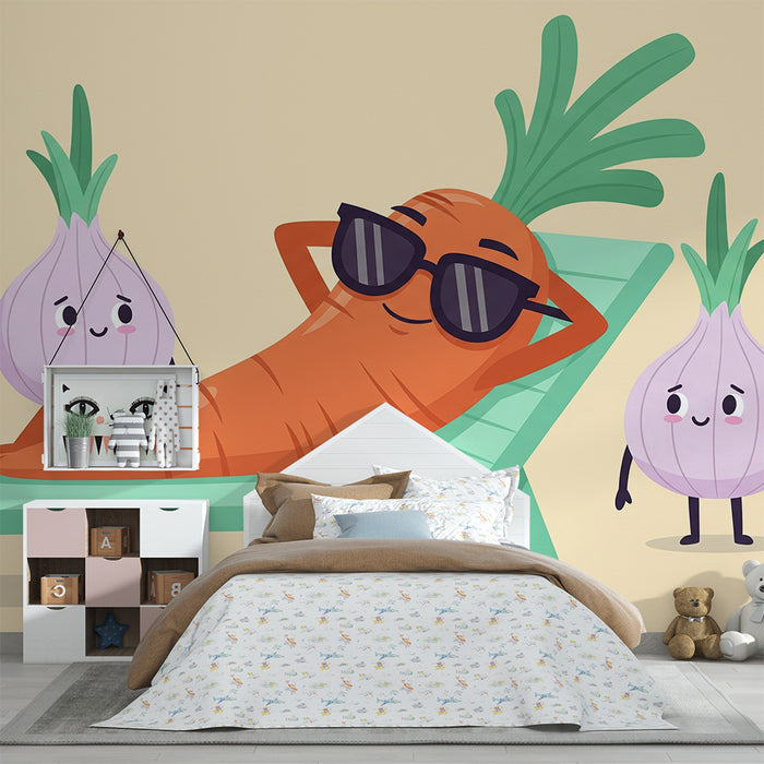 Kinderzimmer-Tapete | Coole Karotte und ihre Gemüsefreunde im Urlaub