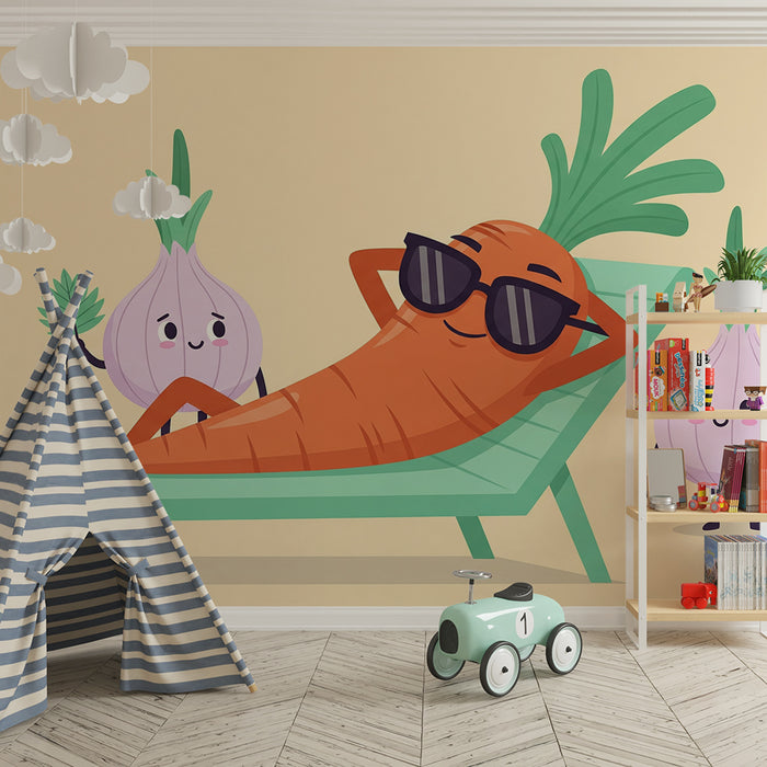 Kinderzimmer-Tapete | Coole Karotte und ihre Gemüsefreunde im Urlaub