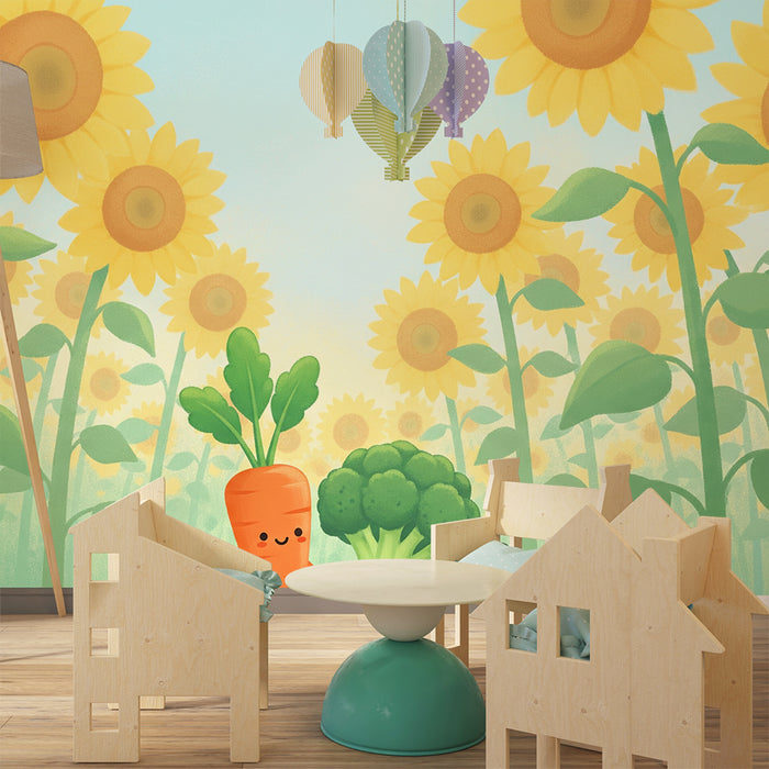 Barnrumspapper | Morot och broccoli bland solrosor