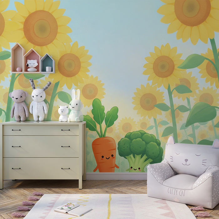Barnrumspapper | Morot och broccoli bland solrosor