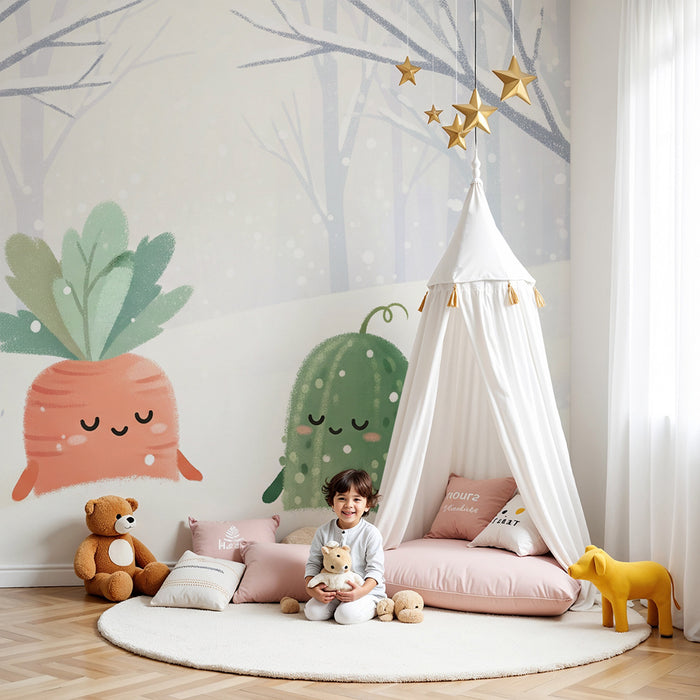 Papier peint chambre enfant | Carotte et concombre dans un paysage enneigé