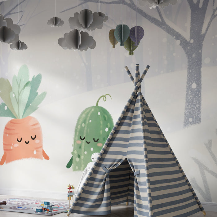 Papier peint chambre enfant | Carotte et concombre dans un paysage enneigé