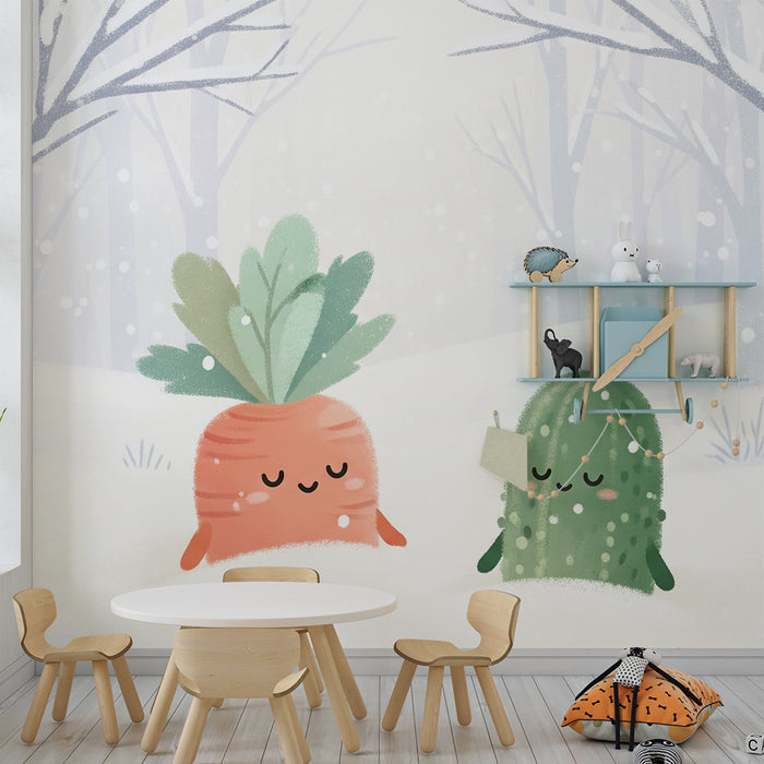 Papier peint chambre enfant | Carotte et concombre dans un paysage enneigé