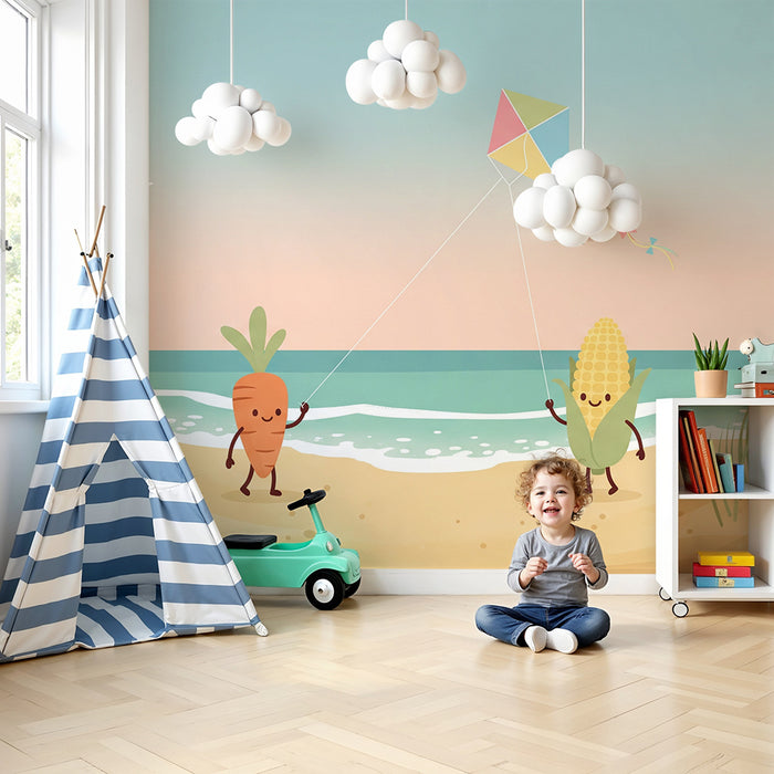 Papel de parede infantil | Cenoura e Milho divertem-se na praia com um papagaio de papel colorido