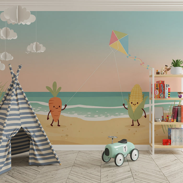 Papel de parede infantil | Cenoura e Milho divertem-se na praia com um papagaio de papel colorido