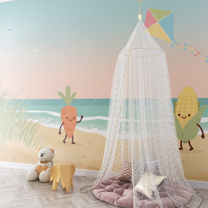 Papel de parede infantil | Cenoura e Milho divertem-se na praia com um papagaio de papel colorido