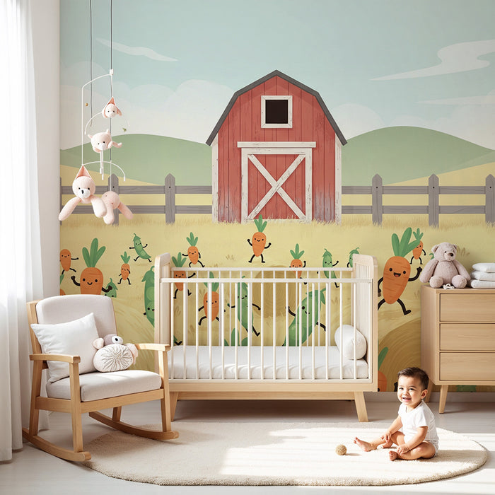Papier peint chambre enfant | Carottes et légumes dans une ferme joyeuse