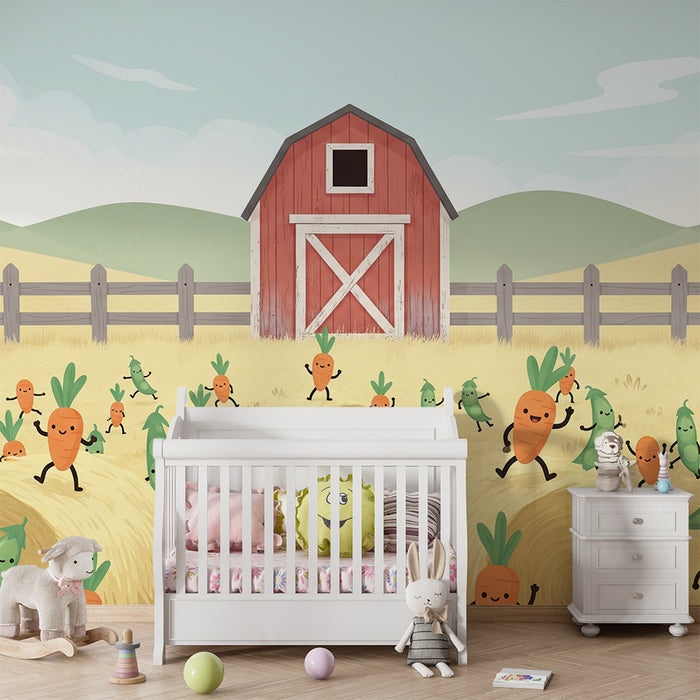 Papier peint chambre enfant | Carottes et légumes dans une ferme joyeuse