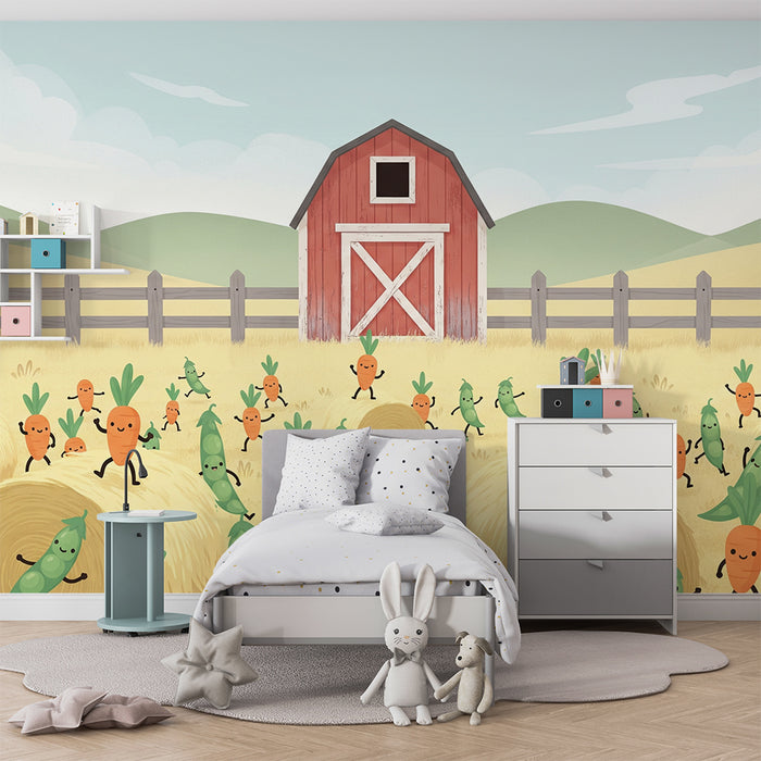 Papier peint chambre enfant | Carottes et légumes dans une ferme joyeuse