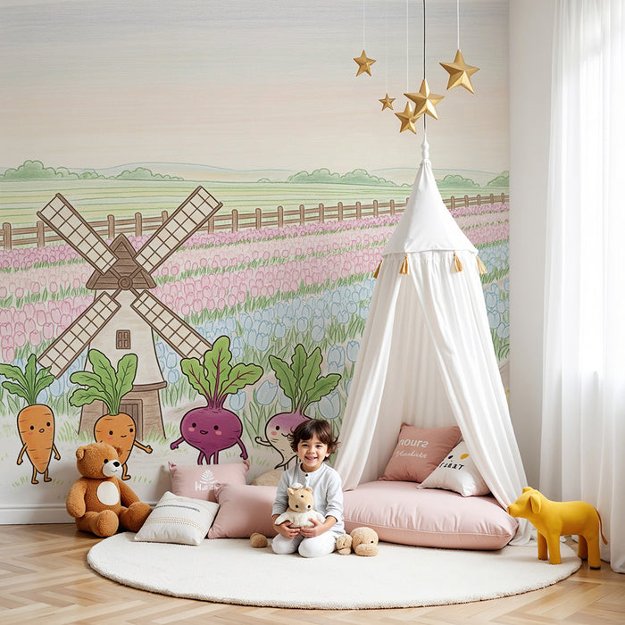 Papel pintado infantil | Zanahorias alegres y campos de tulipanes