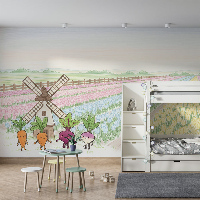 Papel pintado infantil | Zanahorias alegres y campos de tulipanes