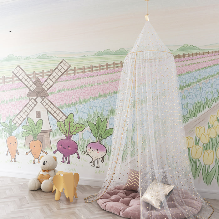 Papel pintado infantil | Zanahorias alegres y campos de tulipanes