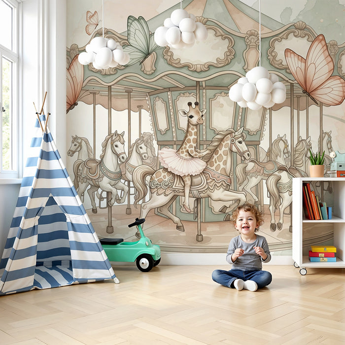 Tapety dla dzieci | Zaczarowany karuzela z żyrafą i motylami