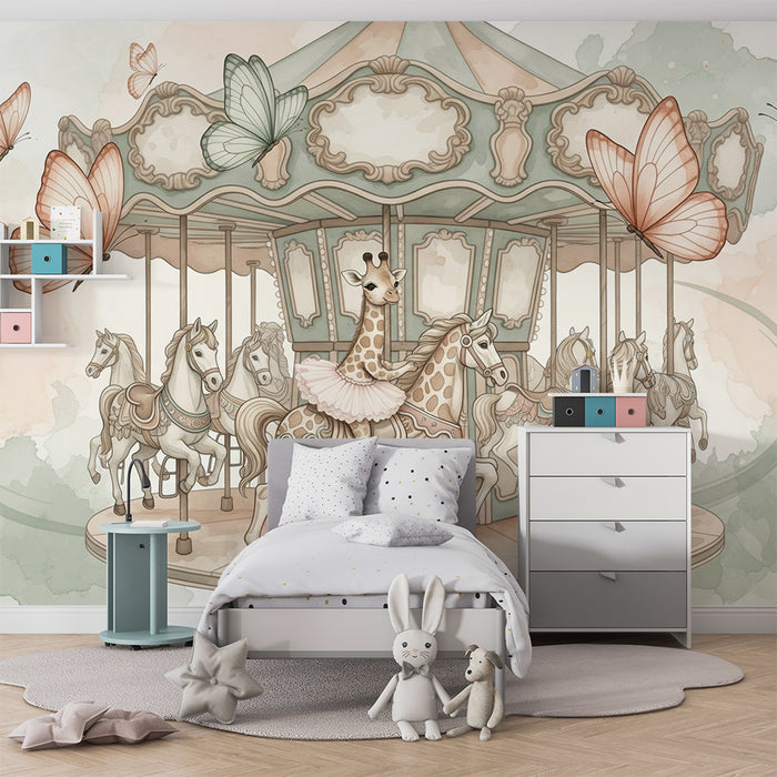 Tapety dla dzieci | Zaczarowany karuzela z żyrafą i motylami