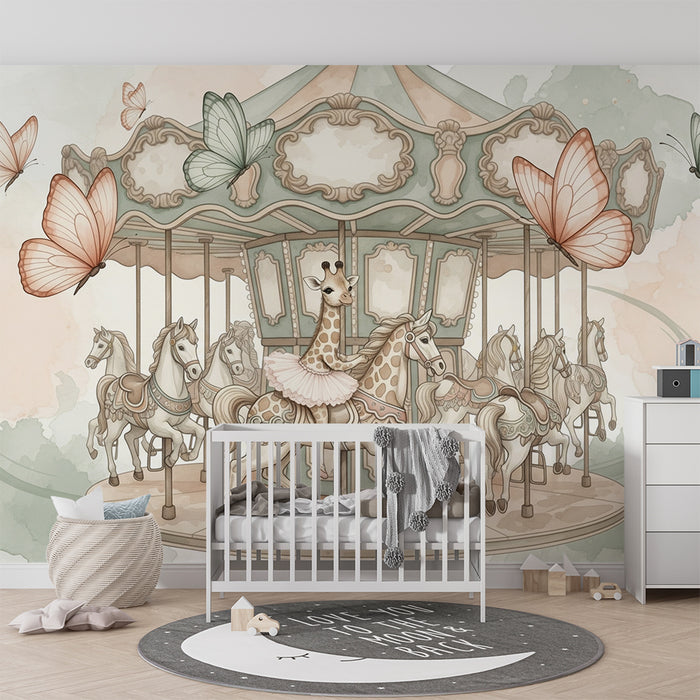 Tapety dla dzieci | Zaczarowany karuzela z żyrafą i motylami