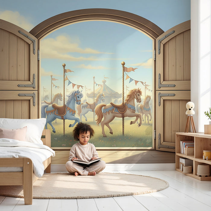 Papier peint chambre enfant | Carrousel enchanteur avec chevaux colorés