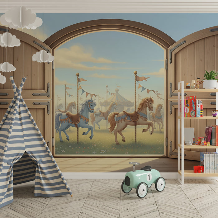 Papier peint chambre enfant | Carrousel enchanteur avec chevaux colorés