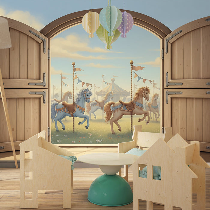 Papier peint chambre enfant | Carrousel enchanteur avec chevaux colorés