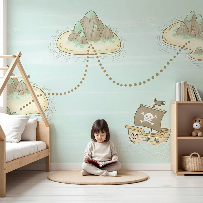 Papel pintado infantil | Mapa del tesoro con barco pirata