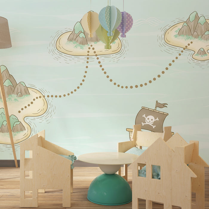 Papel pintado infantil | Mapa del tesoro con barco pirata