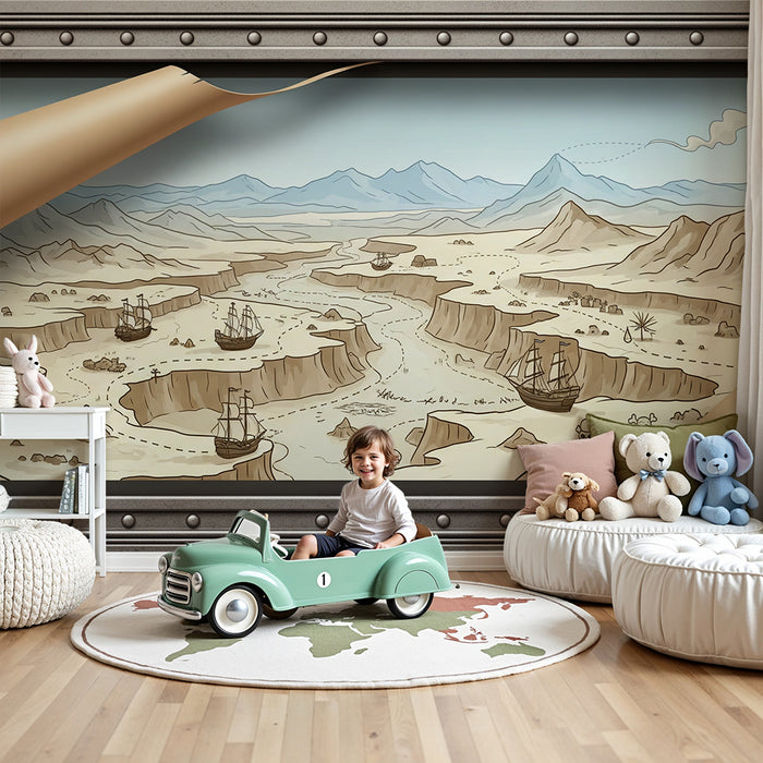 Behang kinderkamer | Schatkaart met boten en woestijnlandschappen