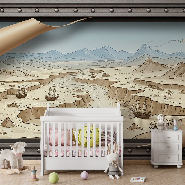 Behang kinderkamer | Schatkaart met boten en woestijnlandschappen