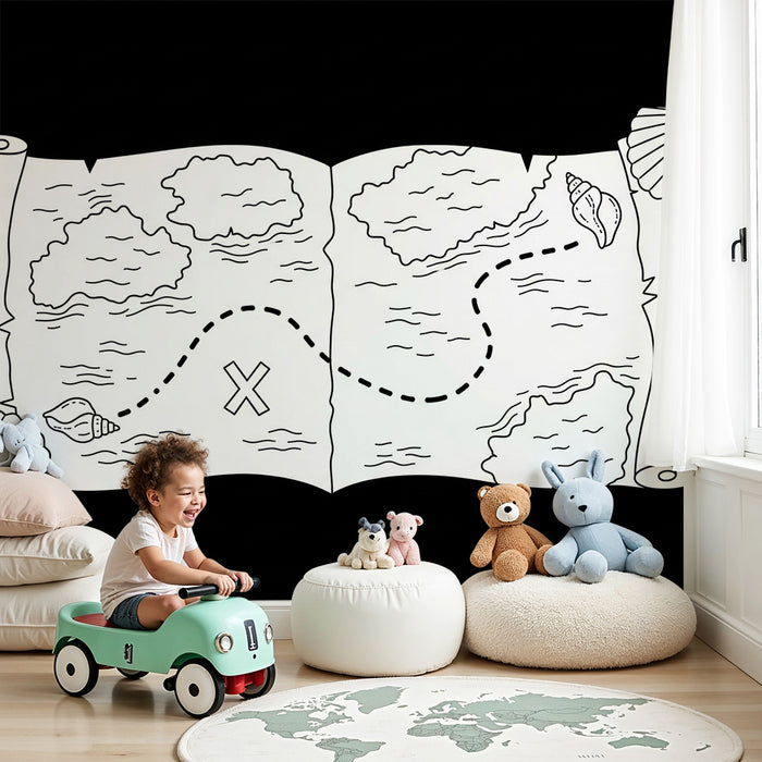 Papel de parede infantil | Mapa do tesouro com conchas e ilhas misteriosas