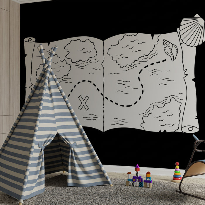 Papel de parede infantil | Mapa do tesouro com conchas e ilhas misteriosas