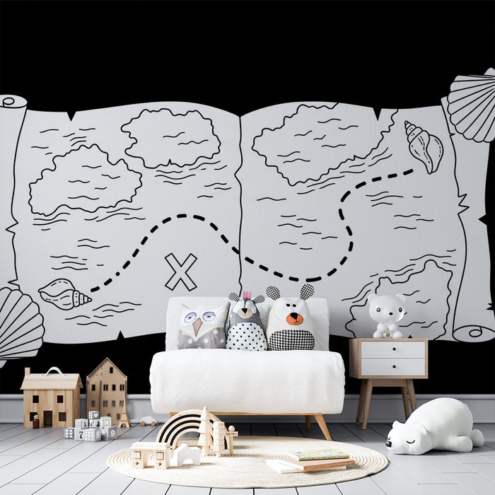 Papel de parede infantil | Mapa do tesouro com conchas e ilhas misteriosas