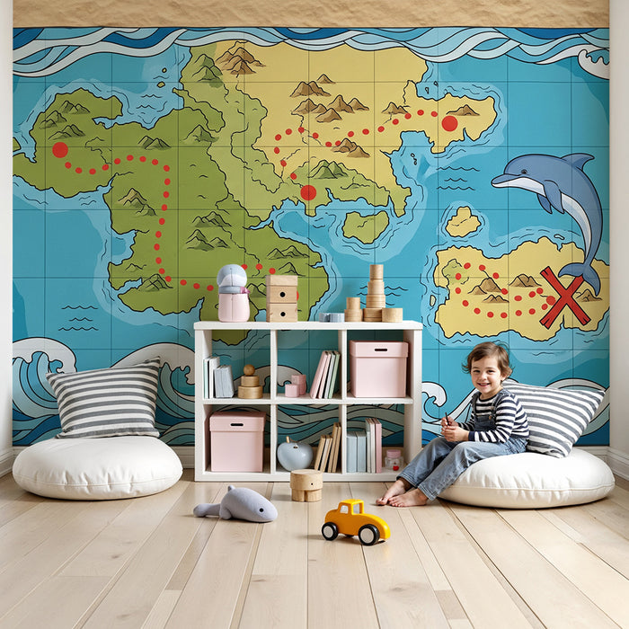 Papel de parede infantil | Mapa do tesouro com golfinho e ilhas misteriosas