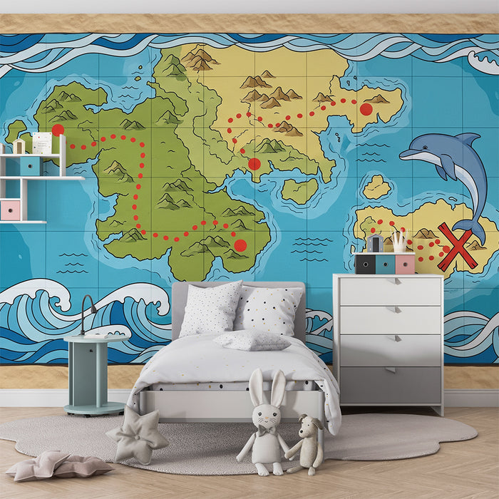 Papel de parede infantil | Mapa do tesouro com golfinho e ilhas misteriosas