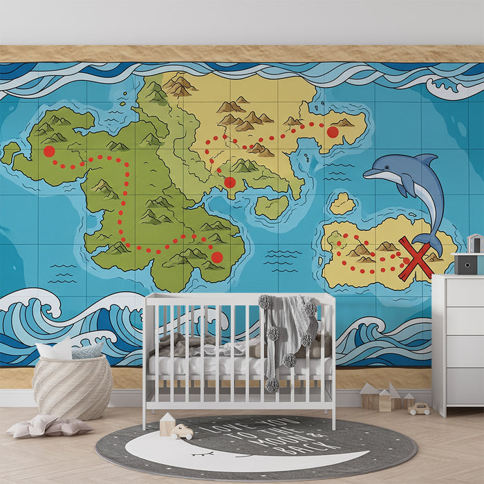 Papel de parede infantil | Mapa do tesouro com golfinho e ilhas misteriosas