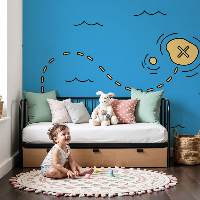Papel de parede para quarto de criança | Mapa do tesouro com ilha misteriosa e ondas