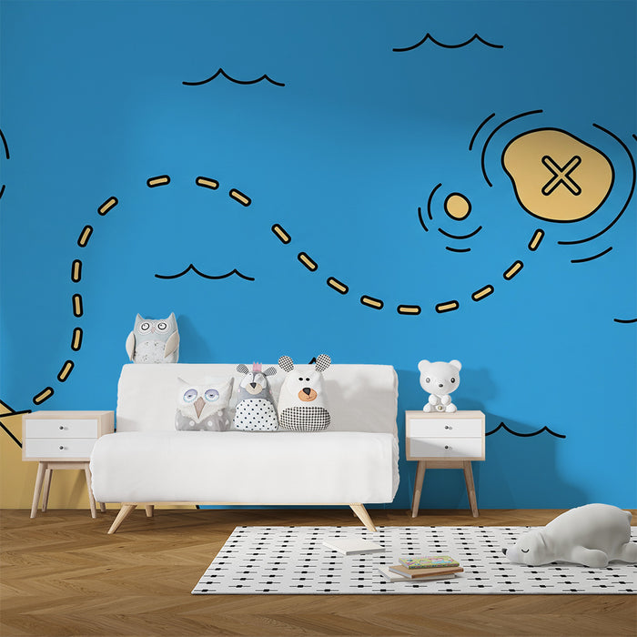 Papel de parede para quarto de criança | Mapa do tesouro com ilha misteriosa e ondas