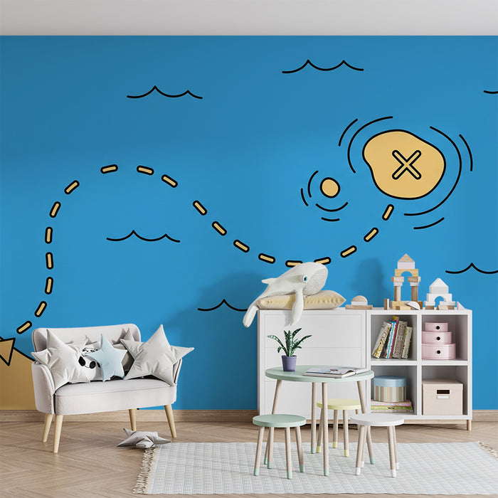 Papel de parede para quarto de criança | Mapa do tesouro com ilha misteriosa e ondas
