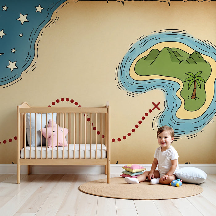 Papel de parede para quarto de criança | Mapa do tesouro com ilha tropical e estrelas