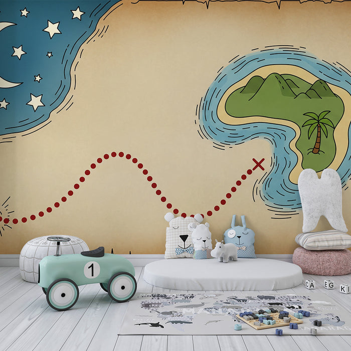 Papel de parede para quarto de criança | Mapa do tesouro com ilha tropical e estrelas