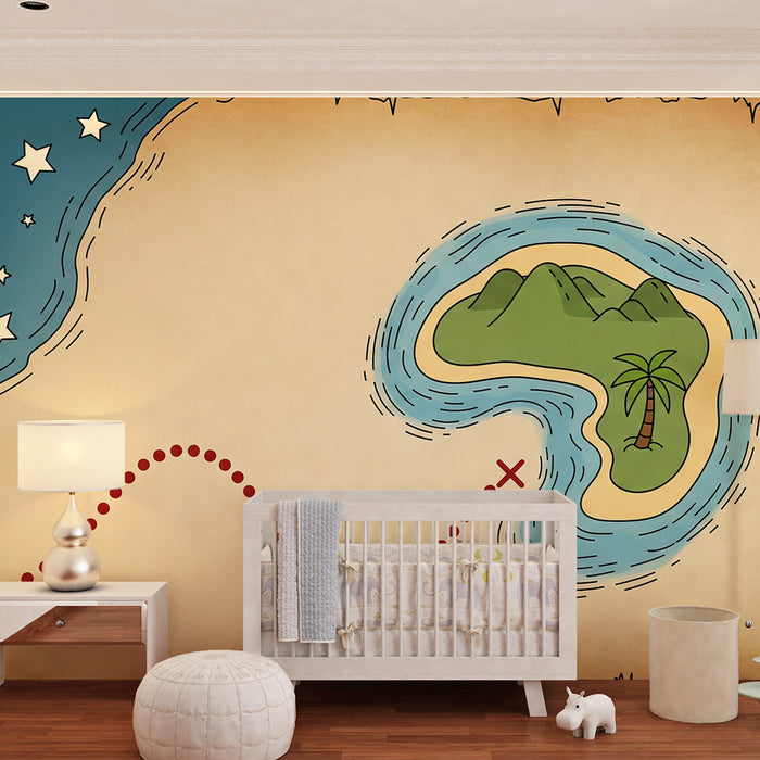 Papel de parede para quarto de criança | Mapa do tesouro com ilha tropical e estrelas