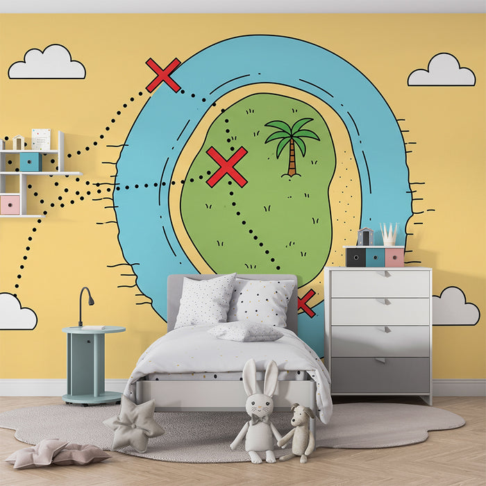 Papel de parede para quarto de criança | Mapa do tesouro com ilha tropical e palmeiras