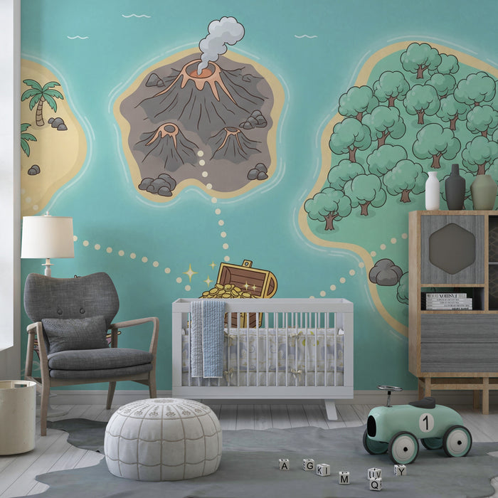 Papel pintado infantil | Mapa del tesoro con islas y barco pirata